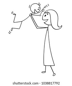 Cartoon stick man drawing conceptual illustration of mother and son enjoying playing together.