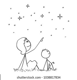 Cartoon stick man drawing conceptual illustration of mother or mom and son watching together night sky stars.