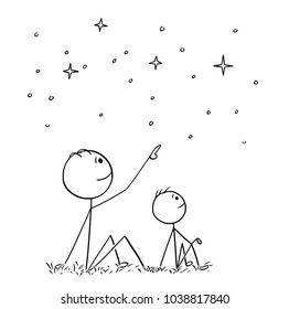 Cartoon stick man drawing conceptual illustration of father or dad and son watching together night sky stars.