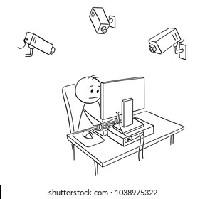 Cartoon stick man drawing conceptual illustration of businessman employee working on computer while is controlled or monitored using cameras by employer or manager. Business concept of control and