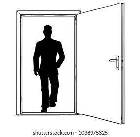 Cartoon Stick Man Drawing Conceptual Illustration Of Open Modern Door And Businessman Silhouette Walking Through Or Incoming. Business Concept Of Decision, Risk And Challenge.