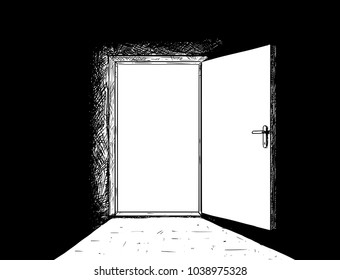 Cartoon stick man drawing conceptual illustration of open simple modern door and bright light coming through. Business concept of decision, future and challenge.