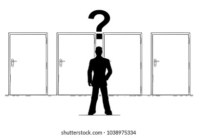 Cartoon stick man drawing conceptual illustration of businessman with question mark above his head is deciding or choosing right door. Business concept of career, choice and decision.