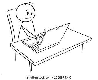 Cartoon stick man drawing conceptual illustration of businessman working on notebook computer.