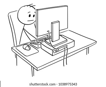 Cartoon stick man drawing conceptual illustration of businessman working on desktop computer.