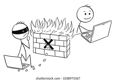 Cartoon stick man drawing conceptual illustration of businessman working safely on computer while hacker cannot breach firewall software. Concept of internet and network security.