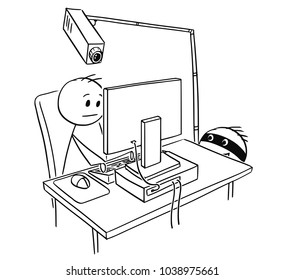 Cartoon stick man drawing conceptual illustration of businessman working on computer while hacker is stealing his identity access password using camera. Business concept of network and internet