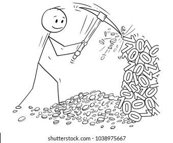 Cartoon stick man drawing conceptual illustration of mining cryptocurrency by pickax or pick from rock made from binary zero and one numbers.