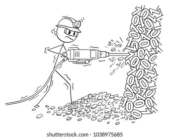 Cartoon stick man drawing conceptual illustration of mining cryptocurrency by pneumatic drill from rock made from binary zero and one numbers.