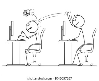 Cartoon stick man drawing conceptual illustration of businessman throwing crumpled paper ball on coworker working on computer. Business concept of bullying in job.