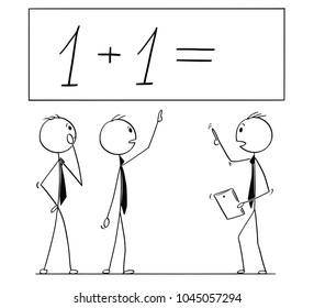 Cartoon stick man drawing conceptual illustration of business team or people working on one plus one 1 mathematical calculation. Business concept of teamwork, incompetence and incapacity.