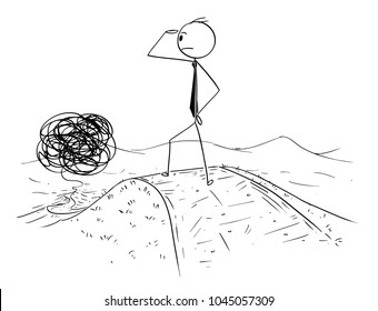 Cartoon stick man drawing conceptual illustration of confused businessman watching the confused and complicated road in front of him. Business concept of obstacles and career.
