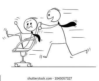 Cartoon stick man drawing conceptual illustration of businessman riding on office chair, second man pushing him. Business concept of fun in the office.