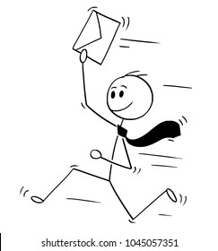 Cartoon stick man drawing conceptual illustration of happy businessman running with letter in envelope, bringing great news.