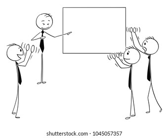 Cartoon stick man drawing conceptual illustration of group of business people applauding to speaker pointing at empty sign. Business concept of leading figure and leadership.