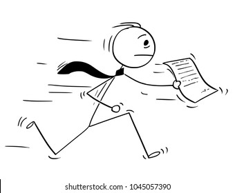 Cartoon stick man drawing conceptual illustration of businessman running with document or piece of paper.