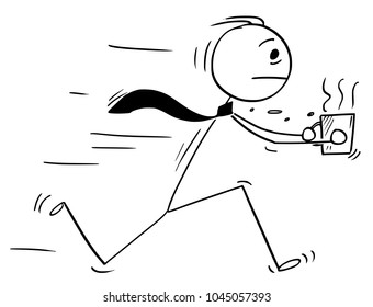 Cartoon stick man drawing conceptual illustration of businessman running with cup or mug of coffee or tea.