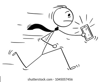 Cartoon stick man drawing conceptual illustration of businessman running with ringing mobile phone or cellphone.Business concept of communications and technology.