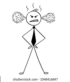 Cartoon stick man drawing conceptual illustration of businessman or manager standing angry and steam or smoke coming from his head or ears.