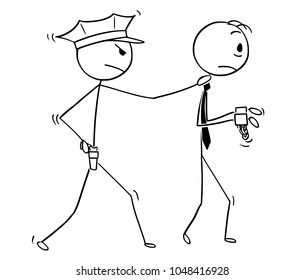 Cartoon stick man drawing conceptual illustration of businessman arrested by policeman. Business concept of crime and punishment.