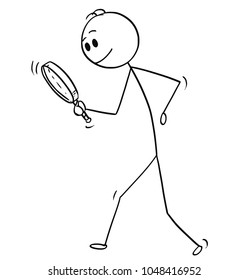 Cartoon stick man drawing conceptual illustration of businessman searching for something with magnifying hand glass or magnifier. Business concept of looking for answer and solution.