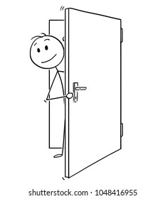 Cartoon stick man drawing conceptual illustration of smiling businessman peeping out of the open door.