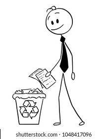 Cartoon stick man drawing conceptual illustration of businessman throwing paper in recycle trash bin. Business concept of recycling and environmental responsibility.