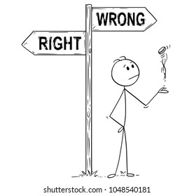 Cartoon stick man drawing conceptual illustration of businessman making decision by tossing, flipping or spinning a coin, standing on the crossroad with right or wrong arrow sign. Business concept of