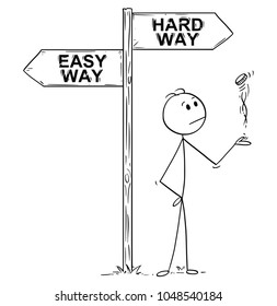 Cartoon Stick Man Drawing Conceptual Illustration Of Businessman Making Decision By Tossing, Flipping Or Spinning A Coin, Standing On The Crossroad With Easy Or Hard Way Arrow Sign. Business Concept