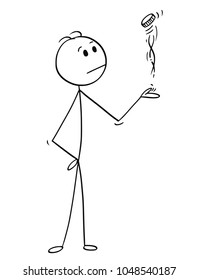 Cartoon Stick Man Drawing Conceptual Illustration Of Businessman Making Decision By Tossing, Flipping Or Spinning A Coin. Business Concept Of Luck, Coincidence And Chance.