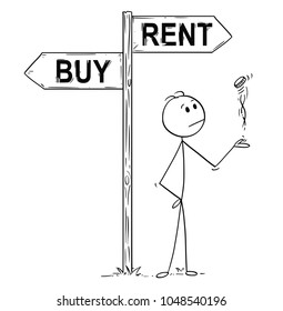 Cartoon stick man drawing conceptual illustration of businessman making decision by tossing, flipping or spinning a coin, standing on the crossroad with buy or rent arrow sign. Business concept of