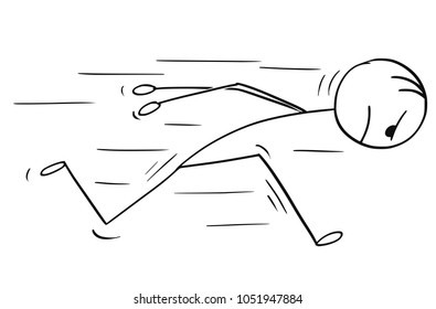 Cartoon stick man drawing conceptual illustration of headstrong businessman running against something head first. Business concept of confidence and motivation.