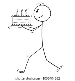 Cartoon stick man drawing conceptual illustration of businessman walking and carry birthday cake.