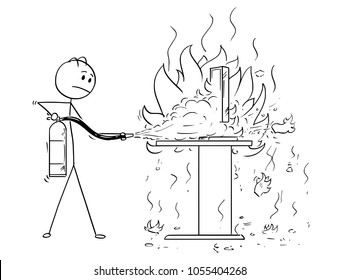 Cartoon stick man drawing conceptual illustration of businessman fighting the fire on office desk and computer using extinguisher.