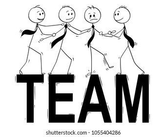 Cartoon stick man drawing conceptual illustration of group of businessman people standing on big word team and helping one of them.. Business concept of teamwork, success and cooperation.