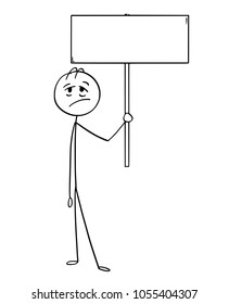 Cartoon stick man drawing conceptual illustration of tired or exhausted businessman holding empty sign