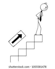 Cartoon stick man drawing conceptual illustration of confused businessman standing on end of stairs but still not on top. Business concept of success, career and failure.