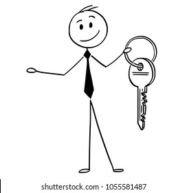 Cartoon stick man drawing conceptual illustration of businessman hold and offering a key. Business concept of solution, lease or rent of property.