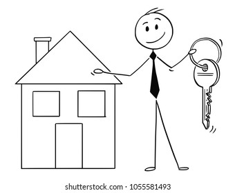 Cartoon stick man drawing conceptual illustration of businessman or real estate agent or broker offer a key and house property. Business concept of real estate agency.