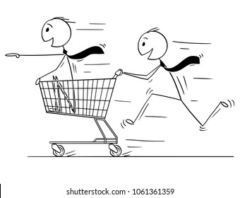 Cartoon stick man drawing conceptual illustration of one businessman inside of shopping cart and second guy pushing him. Business concept of market and investment.