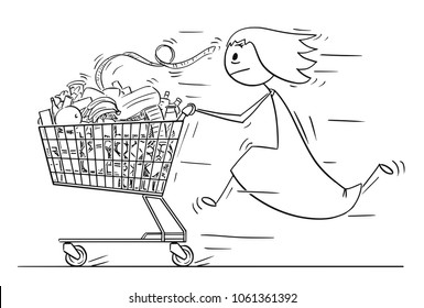 Cartoon stick man drawing conceptual illustration of woman or businesswoman running and pushing shopping cart full of goods. Concept of stress and time pressure.