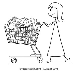 Cartoon stick man drawing conceptual illustration of smiling woman or businesswoman pushing shopping cart full of goods.