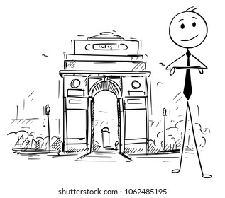 Cartoon stick man drawing conceptual illustration of businessman standing in front of India Gate, New Delhi. Concept of doing business in India.