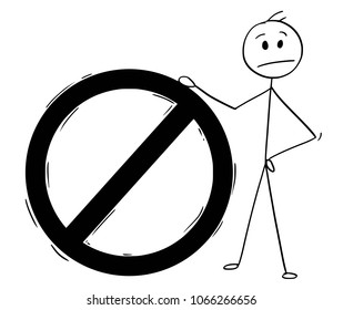 Cartoon stick man drawing conceptual illustration of upset businessman standing with big forbidden symbol. Business concept of stop or warning.