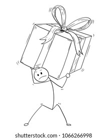 Cartoon stick man drawing conceptual illustration of businessman carry large and heavy gift box or present in wrap.