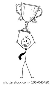 Cartoon stick man drawing conceptual illustration of successful businessman holding trophy cup as symbol of victory. Business concept of success and competition.