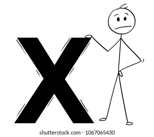 Cartoon stick man drawing conceptual illustration of angry businessman standing with big cross or X. Business concept of rejection or negativity.