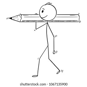 Cartoon stick man drawing conceptual illustration of businessman carrying big pencil. Business concept of paperwork and bureaucracy.