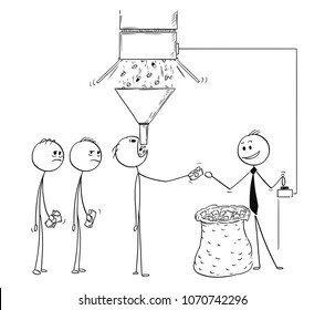 Cartoon stick man drawing conceptual illustration of pharmaceutic business metaphor. Businessman is selling large amount of drugs to everyone for his big profit.