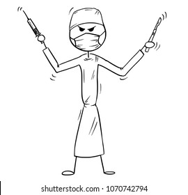 Cartoon Stick Man Drawing Conceptual Illustration Of Crazy, Mad Or Insane Doctor Surgeon Holding Scalpel.